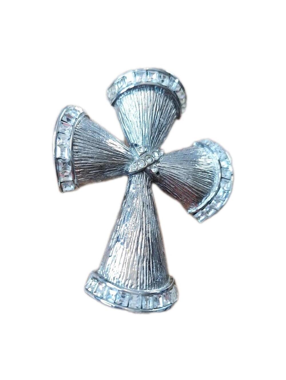 Whitlock Designs Vtg Maltese Cross Brooch Pin Silver Tone Clear Rhinestones